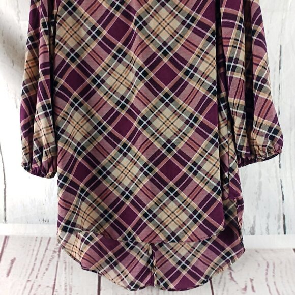 CATO Tunic Womens Size S Purple Plaid Keyhole Neck 3/4 Sleeve Blouse Shirt - Picture 4 of 9
